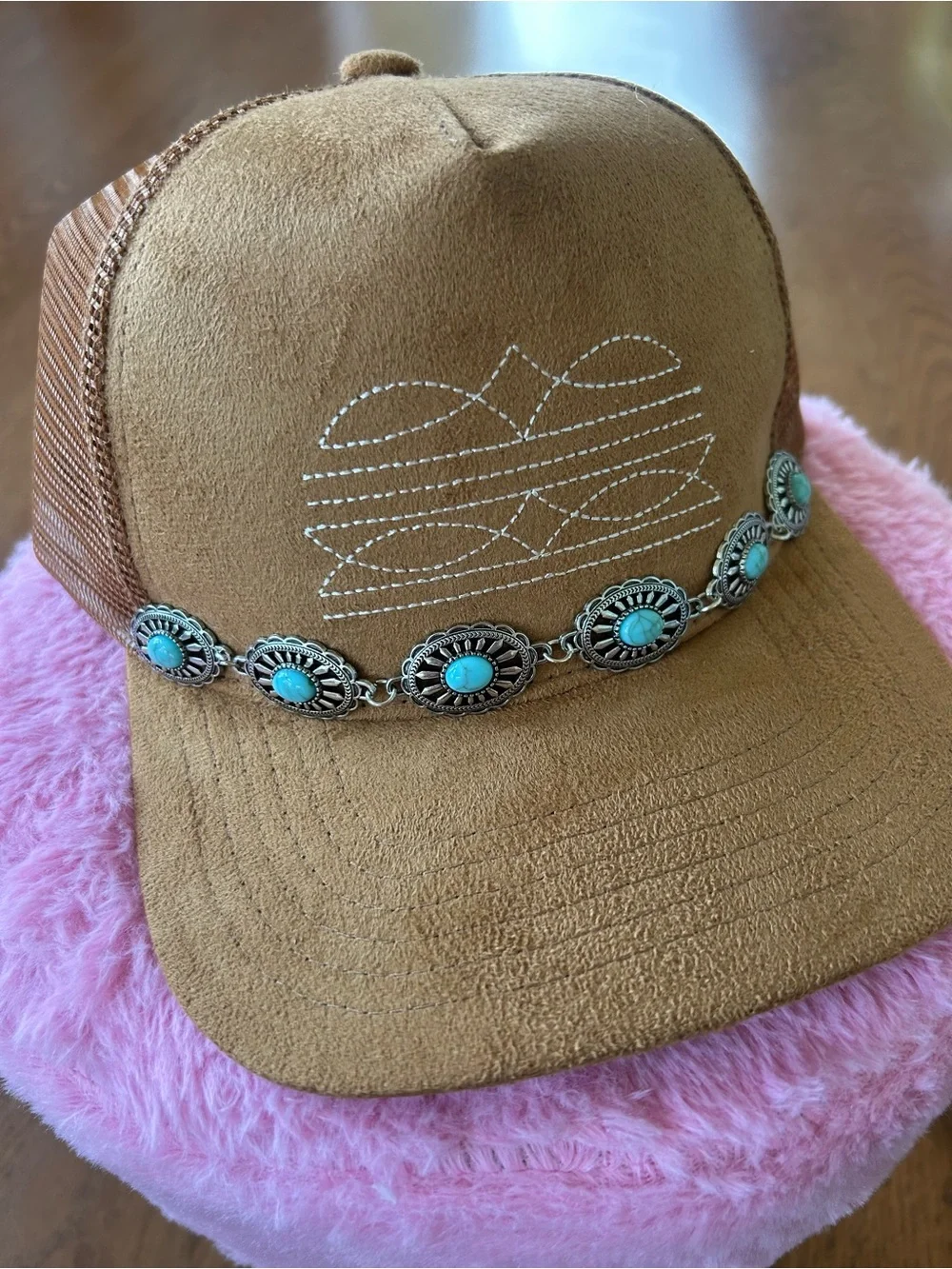 Custom Western Suede Trucker Hat with Turquoise & Silver Conchos
